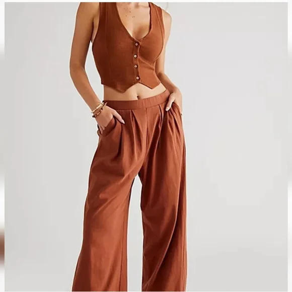 NWT Free People Roxanne Set Matching Crop Vest Top Wide Leg Pants Brown - Picture 2 of 8
